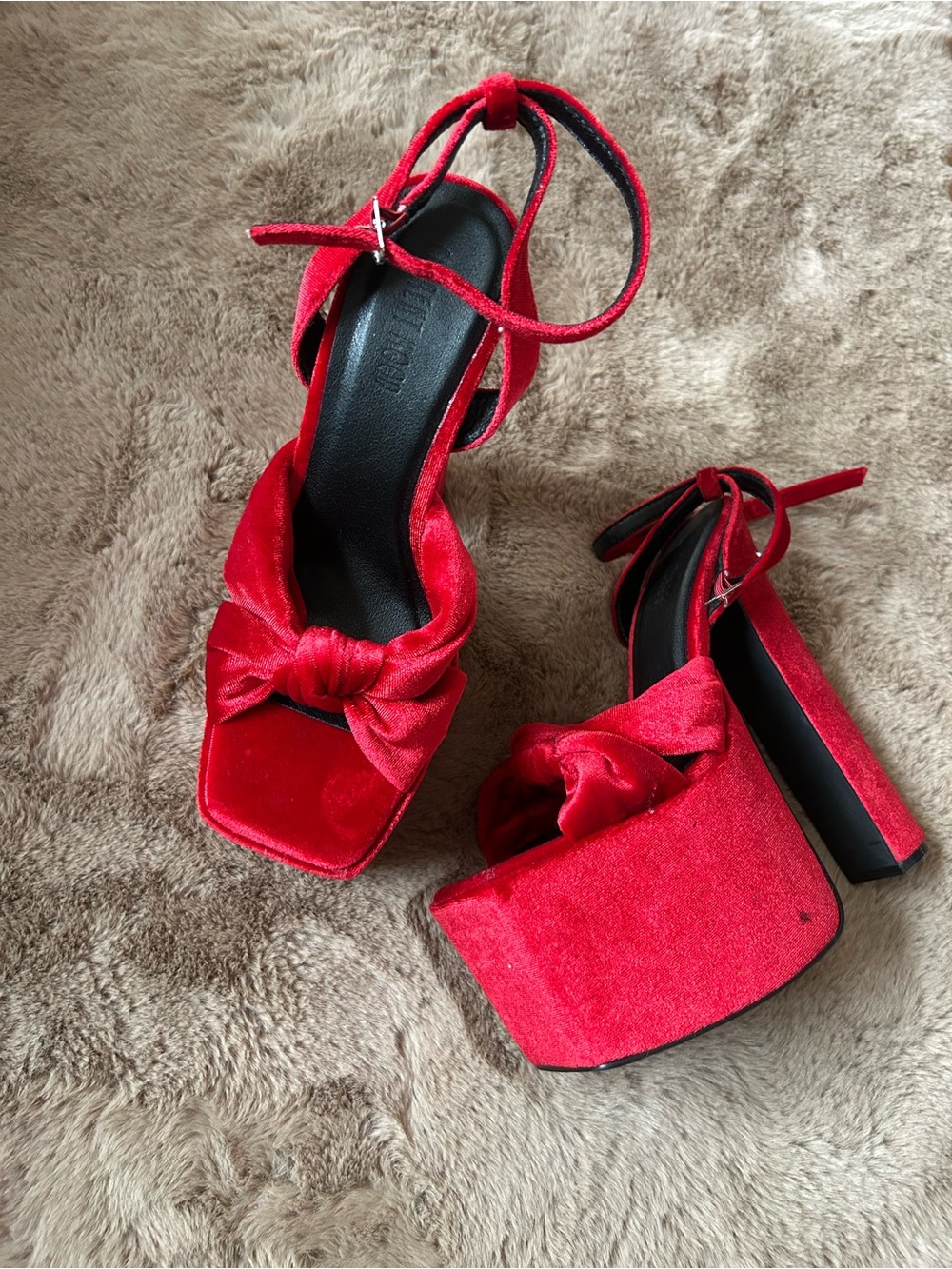 Red Velvet Platform Ankle-Strap Heels with Bow